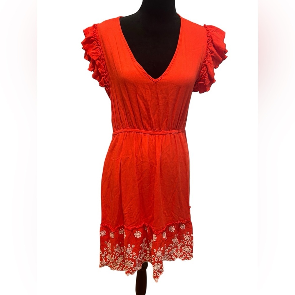 Solitaire Anthropologie bohemian Red & white Embroidered Dress Sz L - Picture 2 of 5